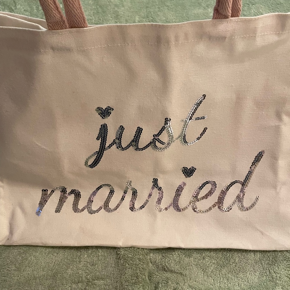 Just Married Canvas Tote Bag - Cream, Silver‎ Sequins, Pink “Rope” Handles, OS